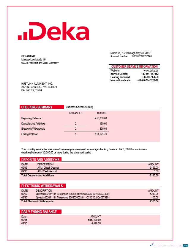 Download Dekabank firm statement Word and PDF template Photoshop template